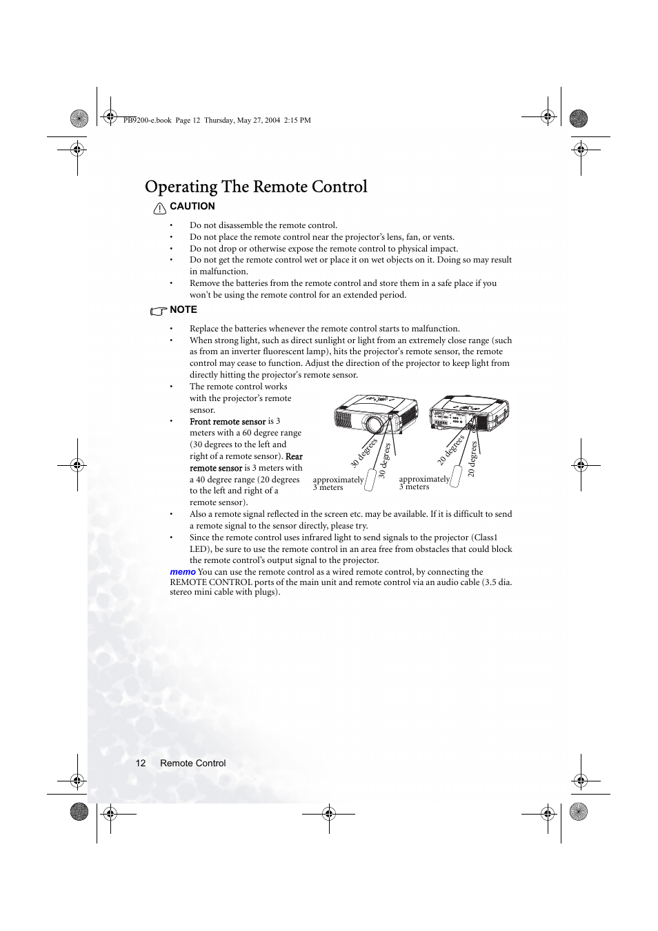 Operating the remote control | BenQ PB9200 User Manual | Page 18 / 53