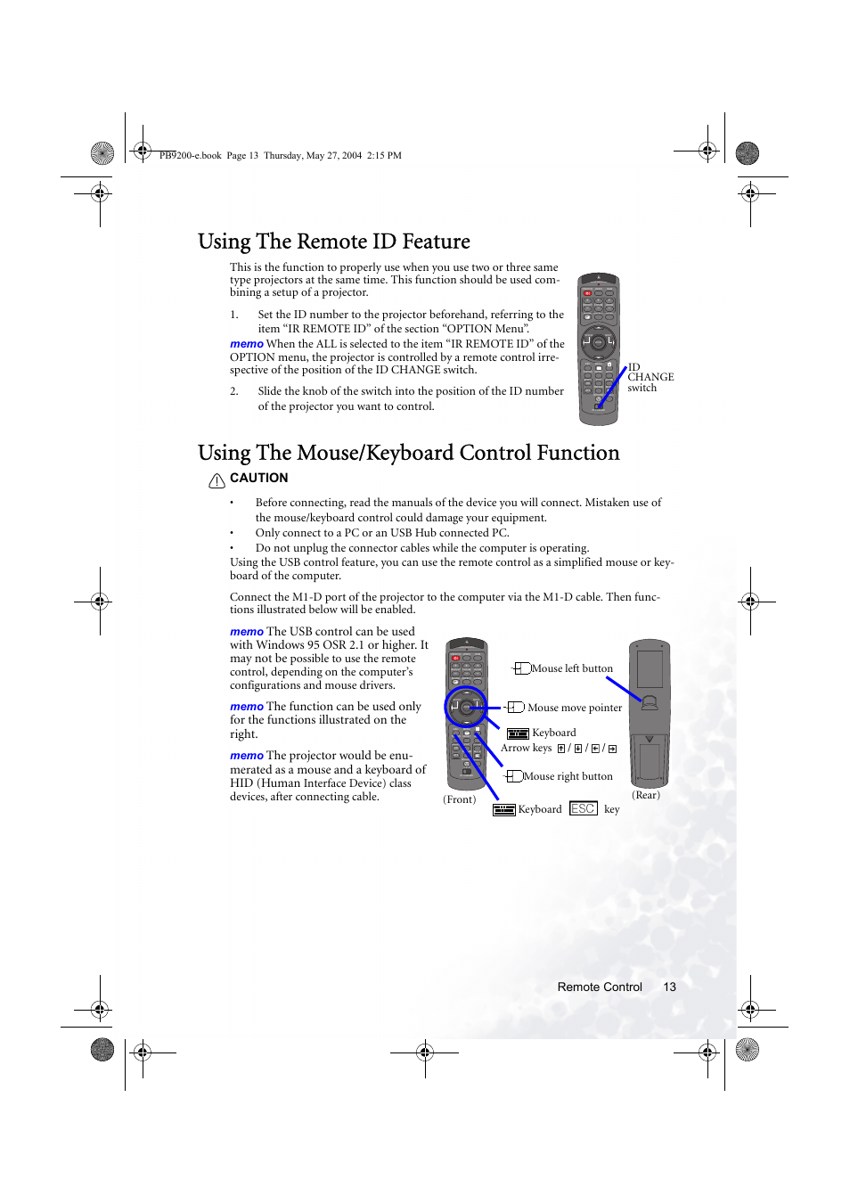 Using the remote id feature, Using the mouse/keyboard control function, Caution | Remote control 13, Id change switch, Mouse move pointer keyboard arrow keys | BenQ PB9200 User Manual | Page 19 / 53