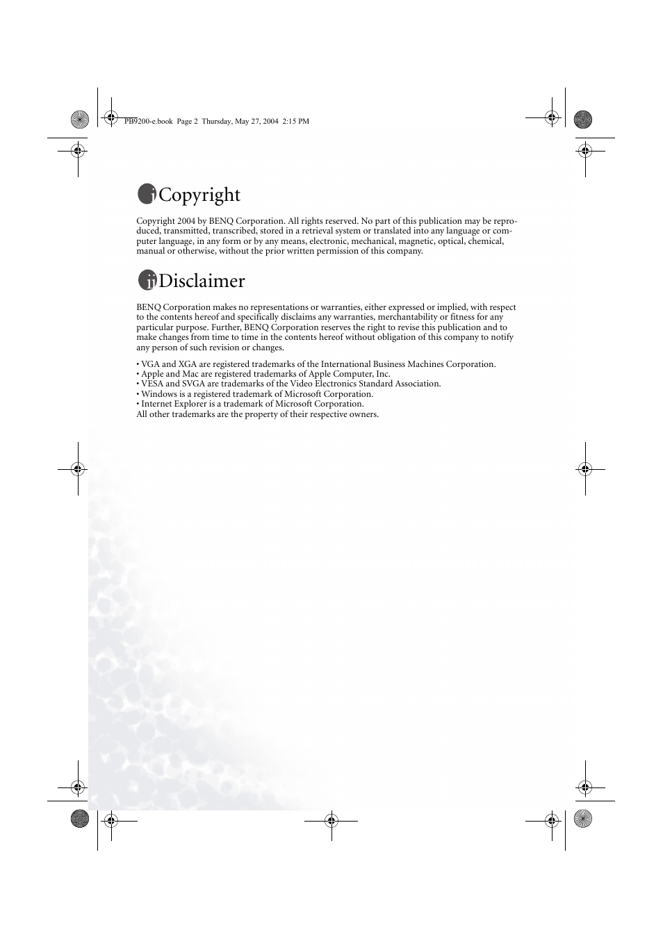 Copyright, Disclaimer | BenQ PB9200 User Manual | Page 2 / 53