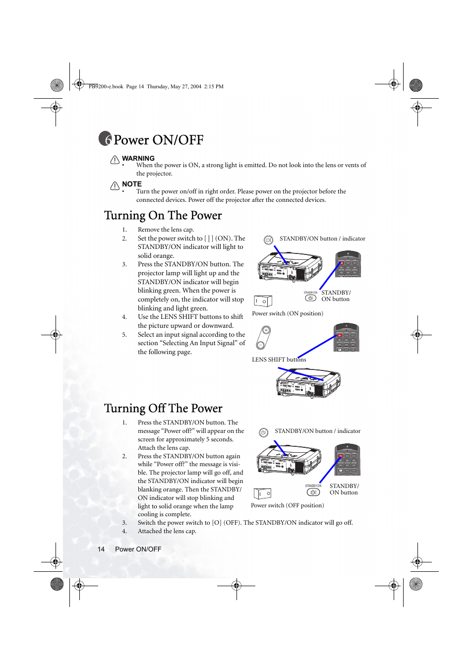 Power on/off, Turning on the power, Turning off the power | BenQ PB9200 User Manual | Page 20 / 53