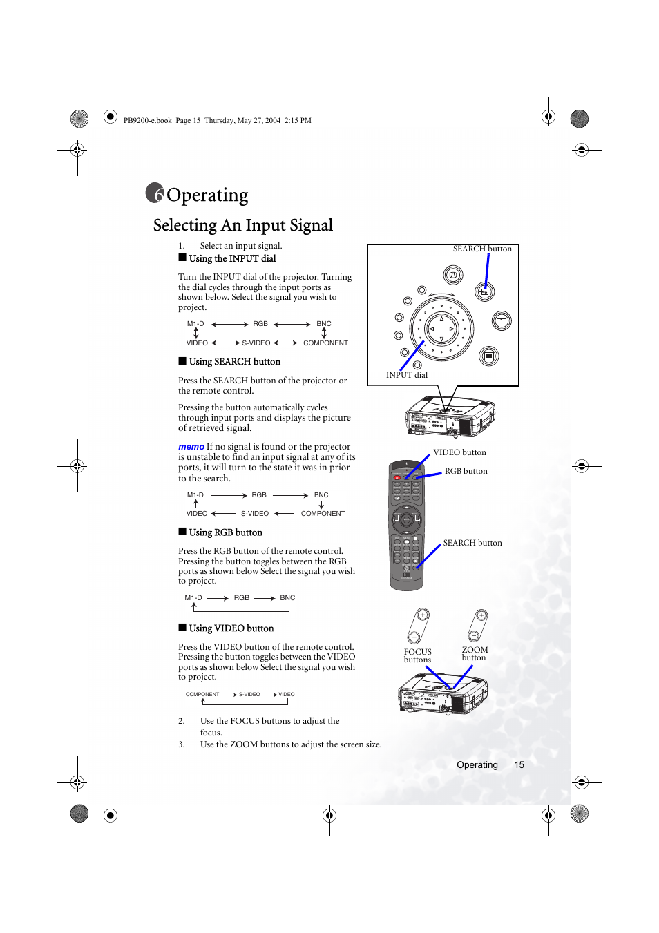 Operating, Selecting an input signal | BenQ PB9200 User Manual | Page 21 / 53
