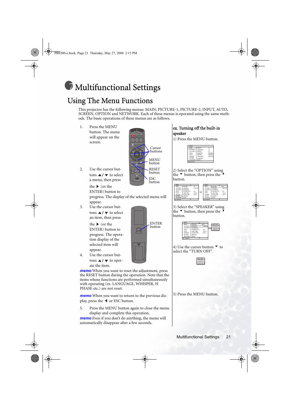 Multifunctional settings, Using the menu functions, Ex. turning off the built-in speaker | Multifunctional settings 21 | BenQ PB9200 User Manual | Page 27 / 53