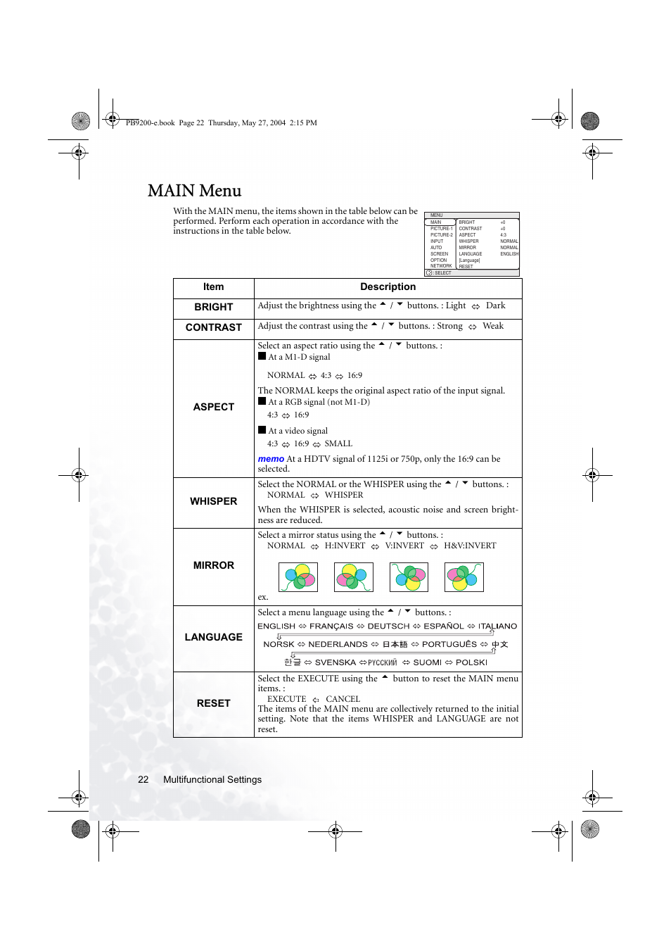 Main menu | BenQ PB9200 User Manual | Page 28 / 53