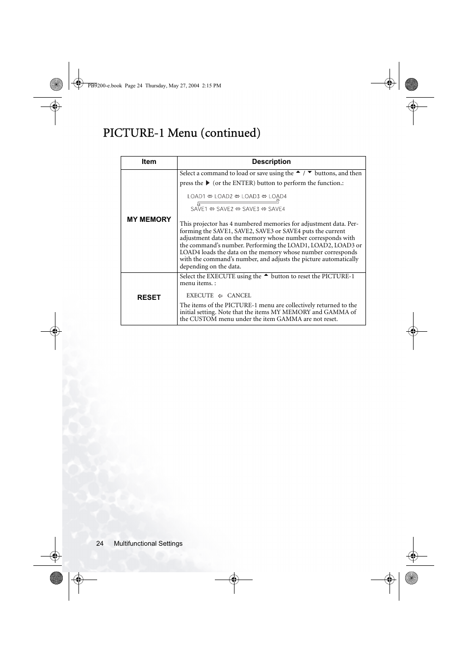 Picture-1 menu (continued) | BenQ PB9200 User Manual | Page 30 / 53