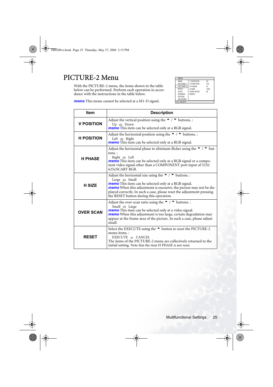 Picture-2 menu | BenQ PB9200 User Manual | Page 31 / 53