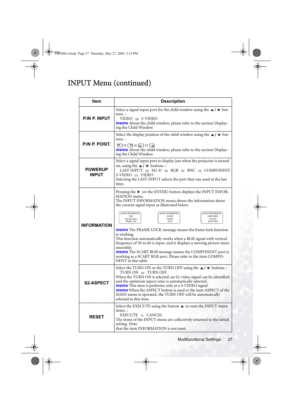 Input menu (continued) | BenQ PB9200 User Manual | Page 33 / 53