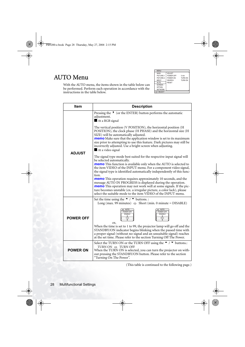 Auto menu | BenQ PB9200 User Manual | Page 34 / 53