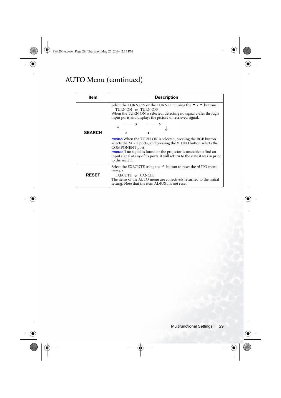 Auto menu (continued) | BenQ PB9200 User Manual | Page 35 / 53