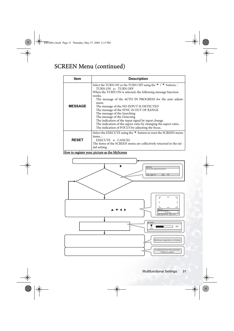 Screen menu (continued) | BenQ PB9200 User Manual | Page 37 / 53