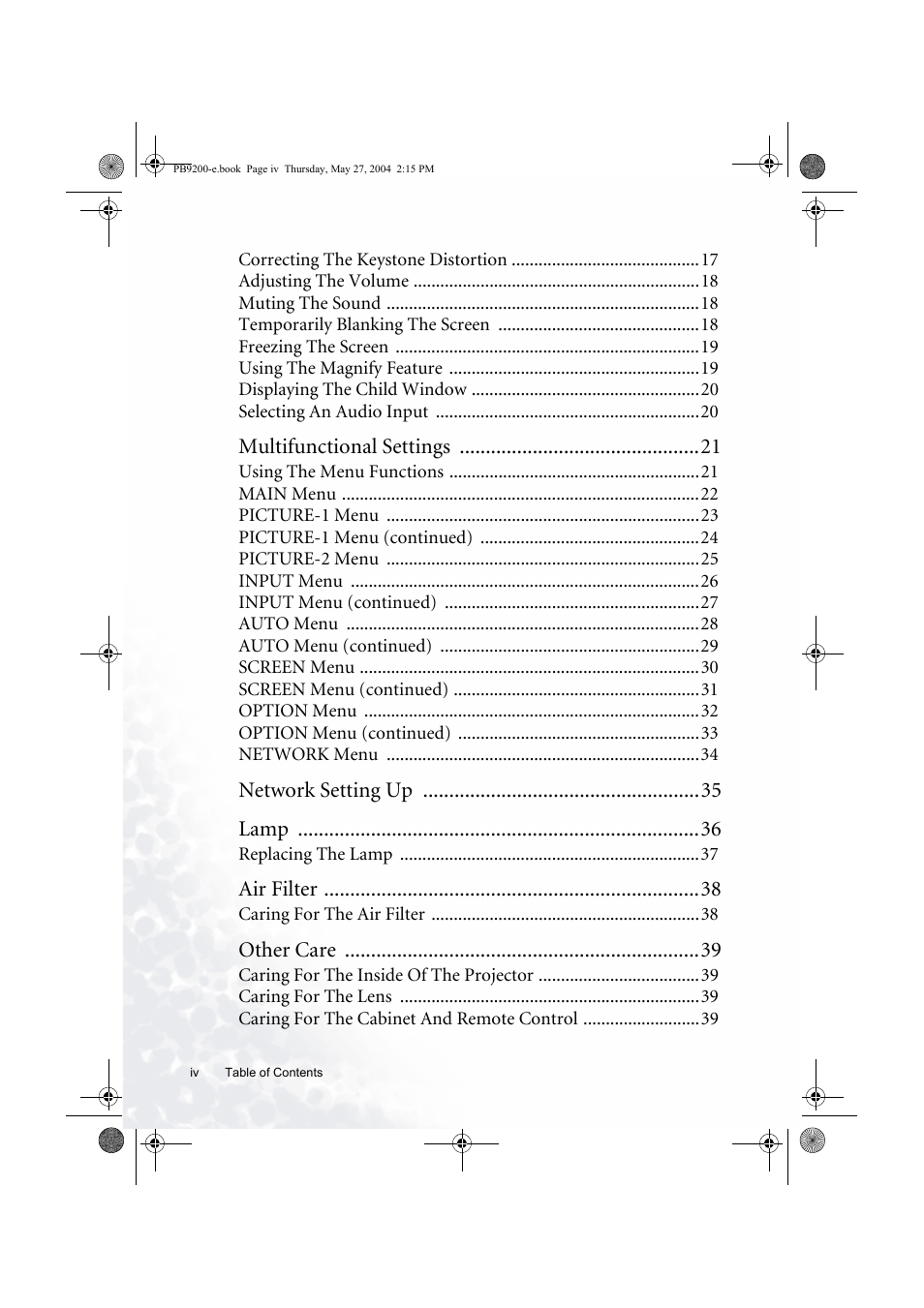 Multifunctional settings, Network setting up lamp, Air filter | Other care | BenQ PB9200 User Manual | Page 4 / 53