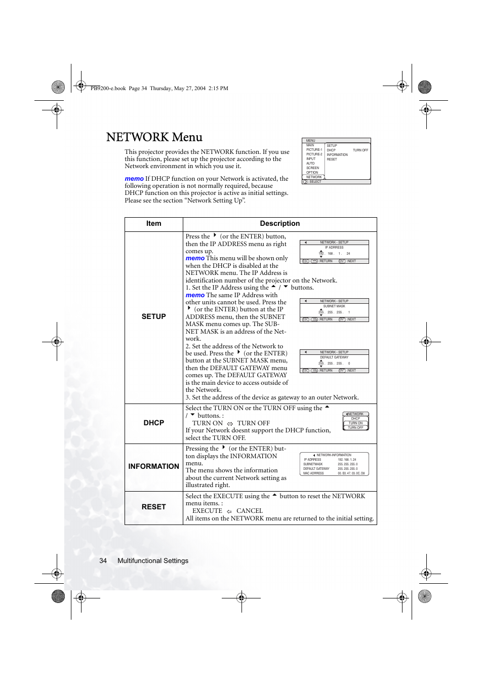 Network menu, Item description setup, Dhcp | Information, Reset | BenQ PB9200 User Manual | Page 40 / 53