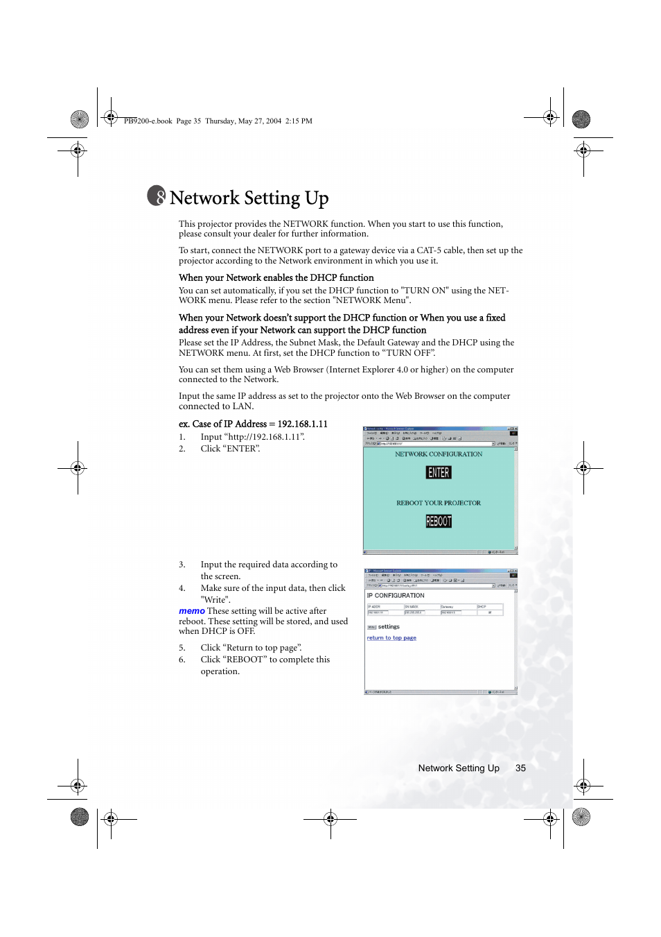 Network setting up | BenQ PB9200 User Manual | Page 41 / 53