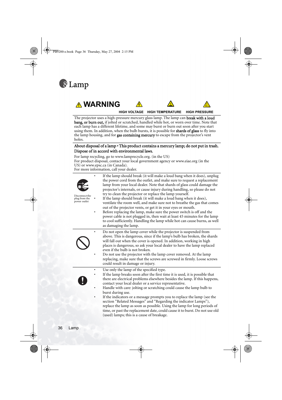 Lamp, Warning | BenQ PB9200 User Manual | Page 42 / 53