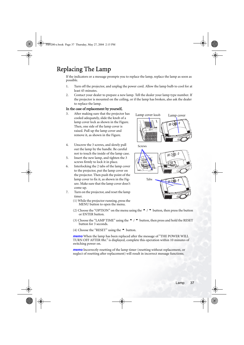 Replacing the lamp | BenQ PB9200 User Manual | Page 43 / 53