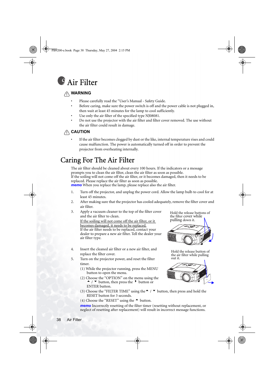 Air filter, Caring for the air filter | BenQ PB9200 User Manual | Page 44 / 53
