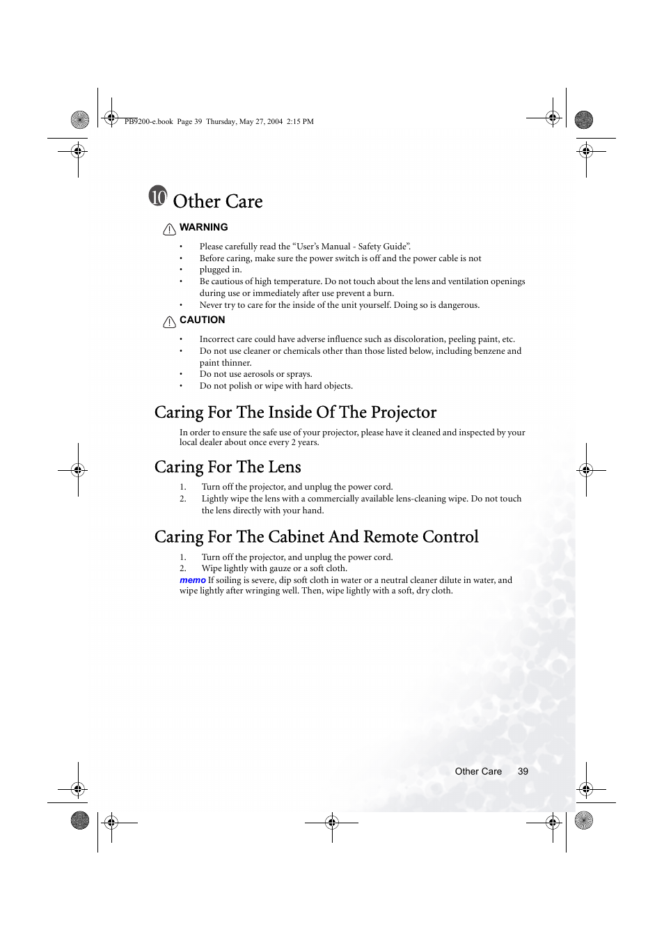 Other care, Caring for the inside of the projector, Caring for the lens | Caring for the cabinet and remote control | BenQ PB9200 User Manual | Page 45 / 53