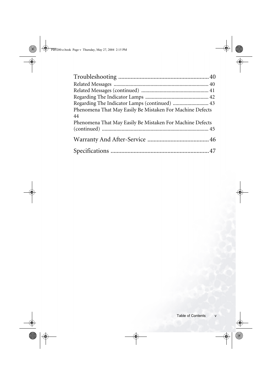 Troubleshooting, Warranty and after-service specifications | BenQ PB9200 User Manual | Page 5 / 53