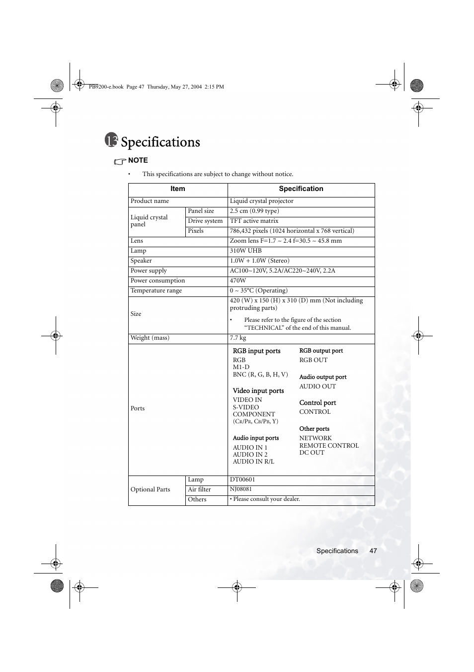 Specifications | BenQ PB9200 User Manual | Page 53 / 53