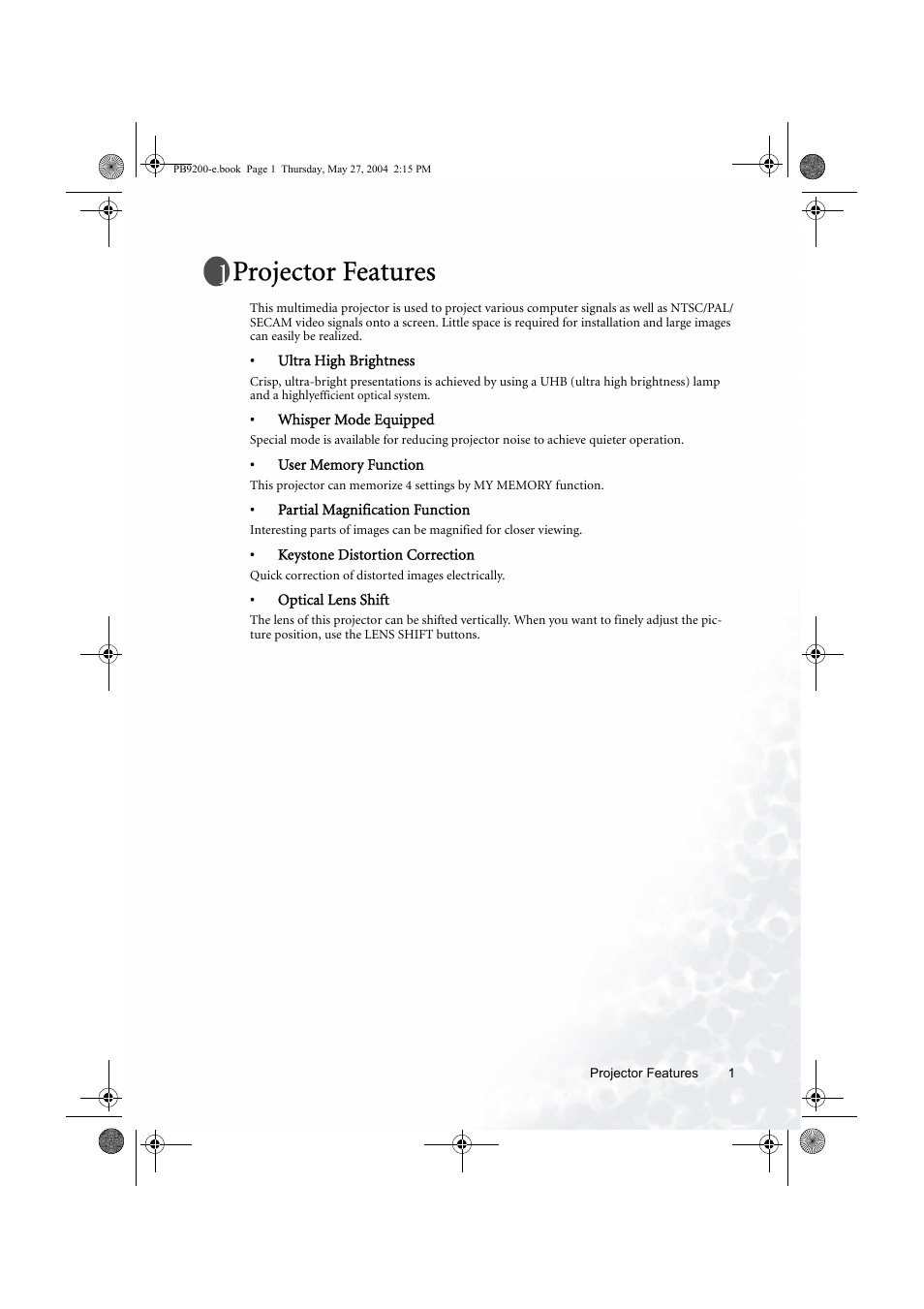 Projector features | BenQ PB9200 User Manual | Page 7 / 53