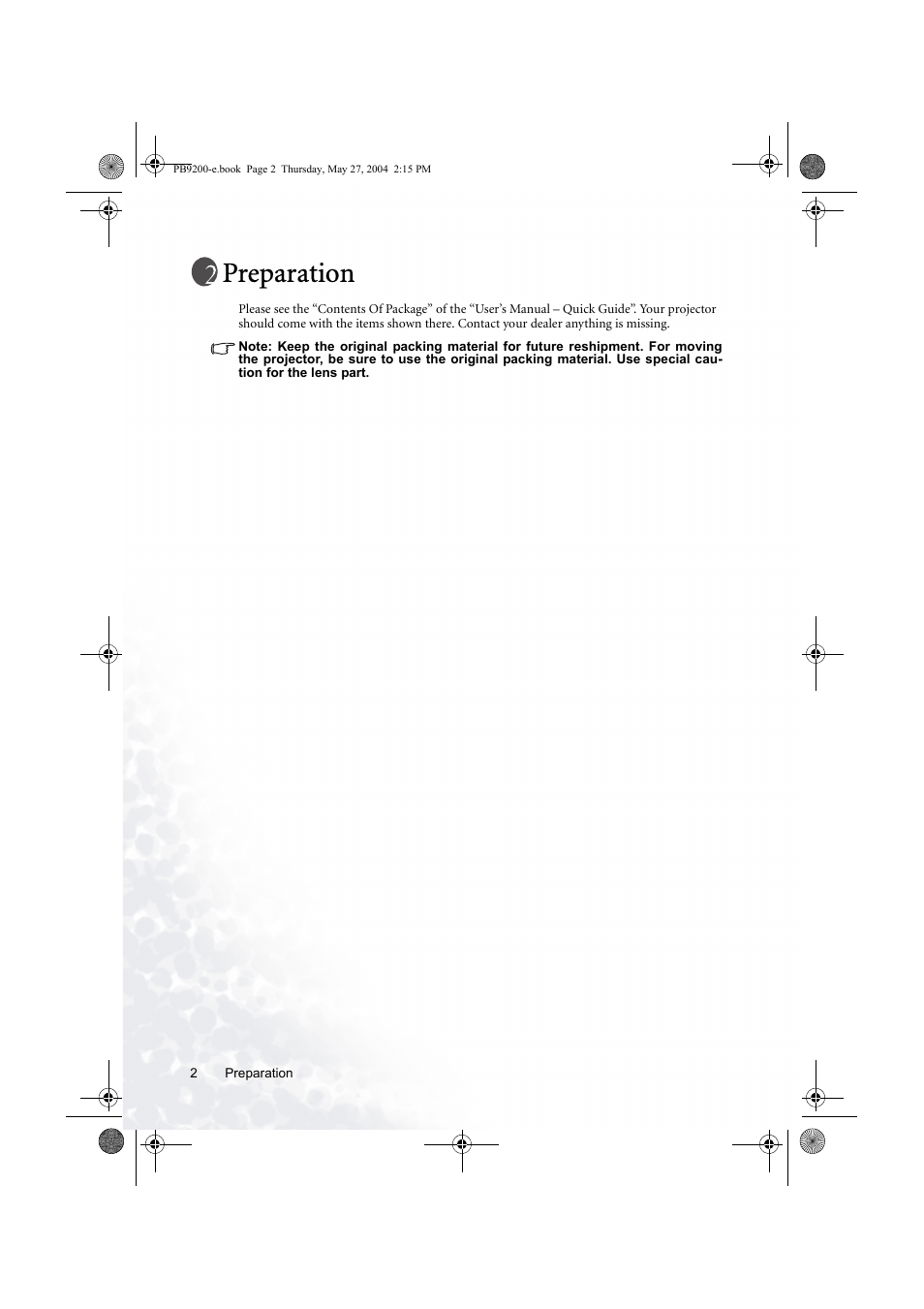 Preparation | BenQ PB9200 User Manual | Page 8 / 53