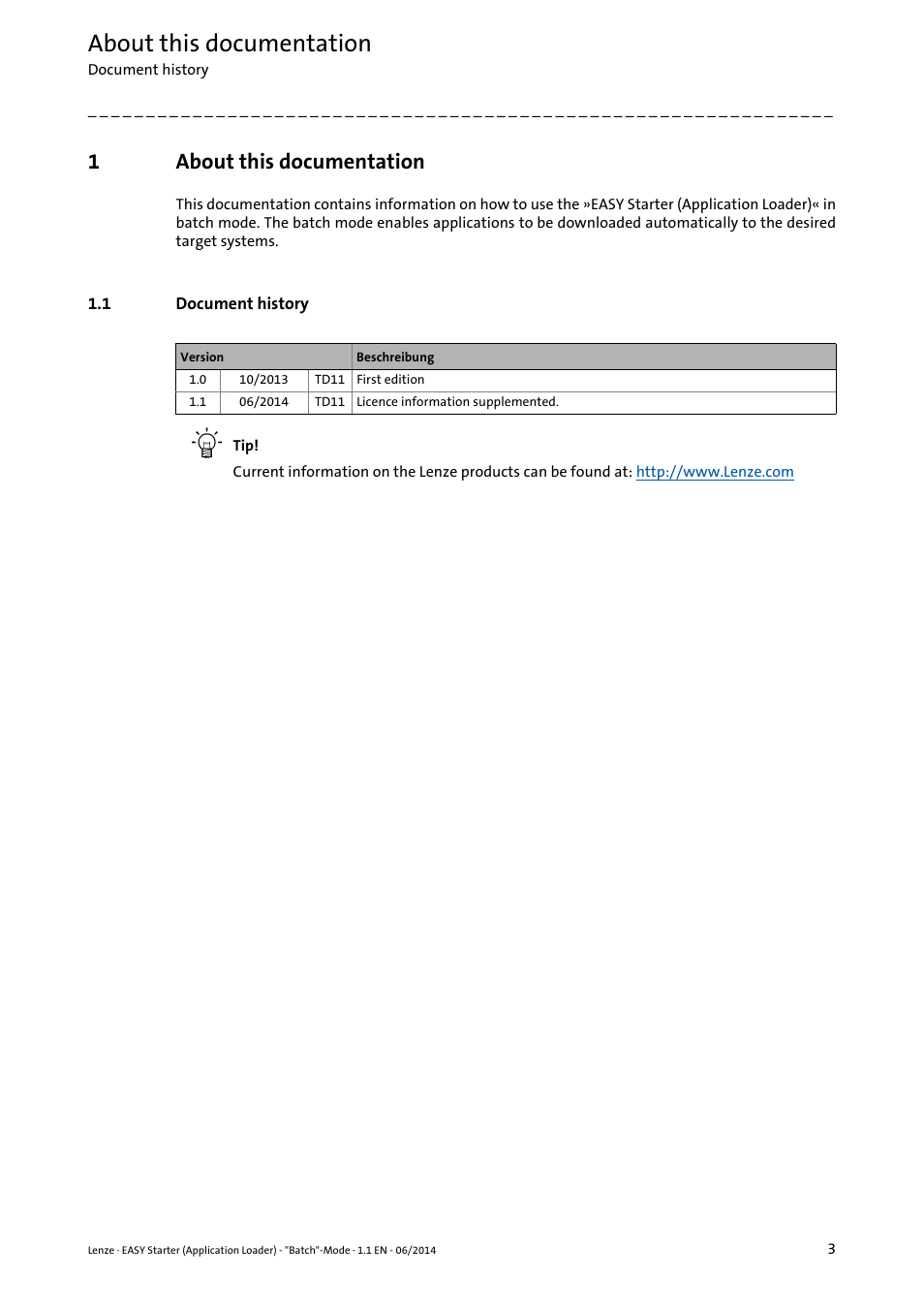 1 about this documentation, 1 document history, About this documentation | Document history, 1about this documentation | Lenze EASY Starter(Application Loader) User Manual | Page 3 / 13