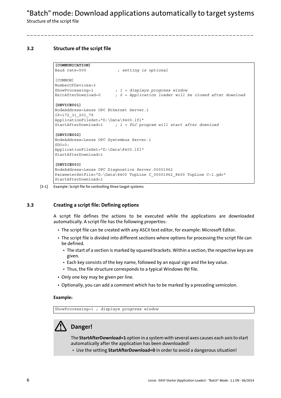 2 structure of the script file, 3 creating a script file: defining options, Structure of the script file | Creating a script file: defining options, Danger | Lenze EASY Starter(Application Loader) User Manual | Page 6 / 13