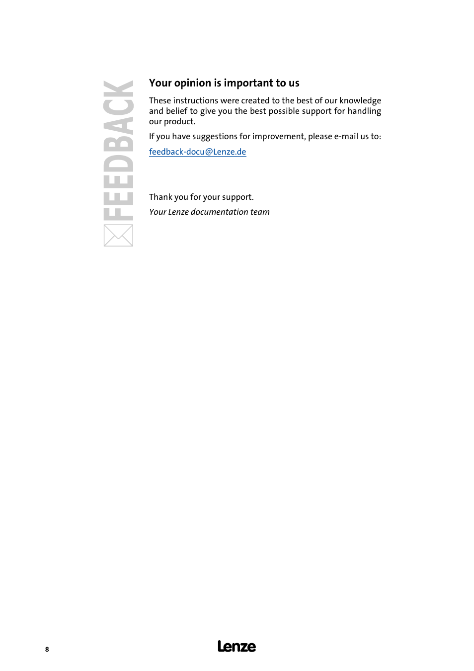 Your opinion is important to us | Lenze ASY Starter Lenze OPC UA-Server User Manual | Page 8 / 9