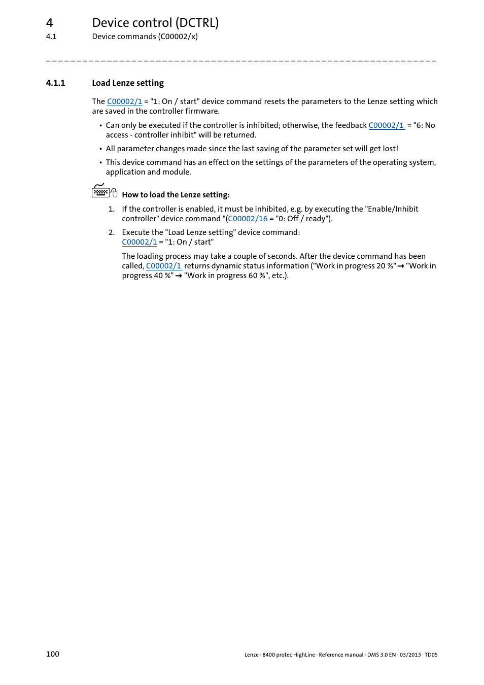 1 load lenze setting, Load lenze setting, 4device control (dctrl) | Lenze 8400 User Manual | Page 100 / 1494