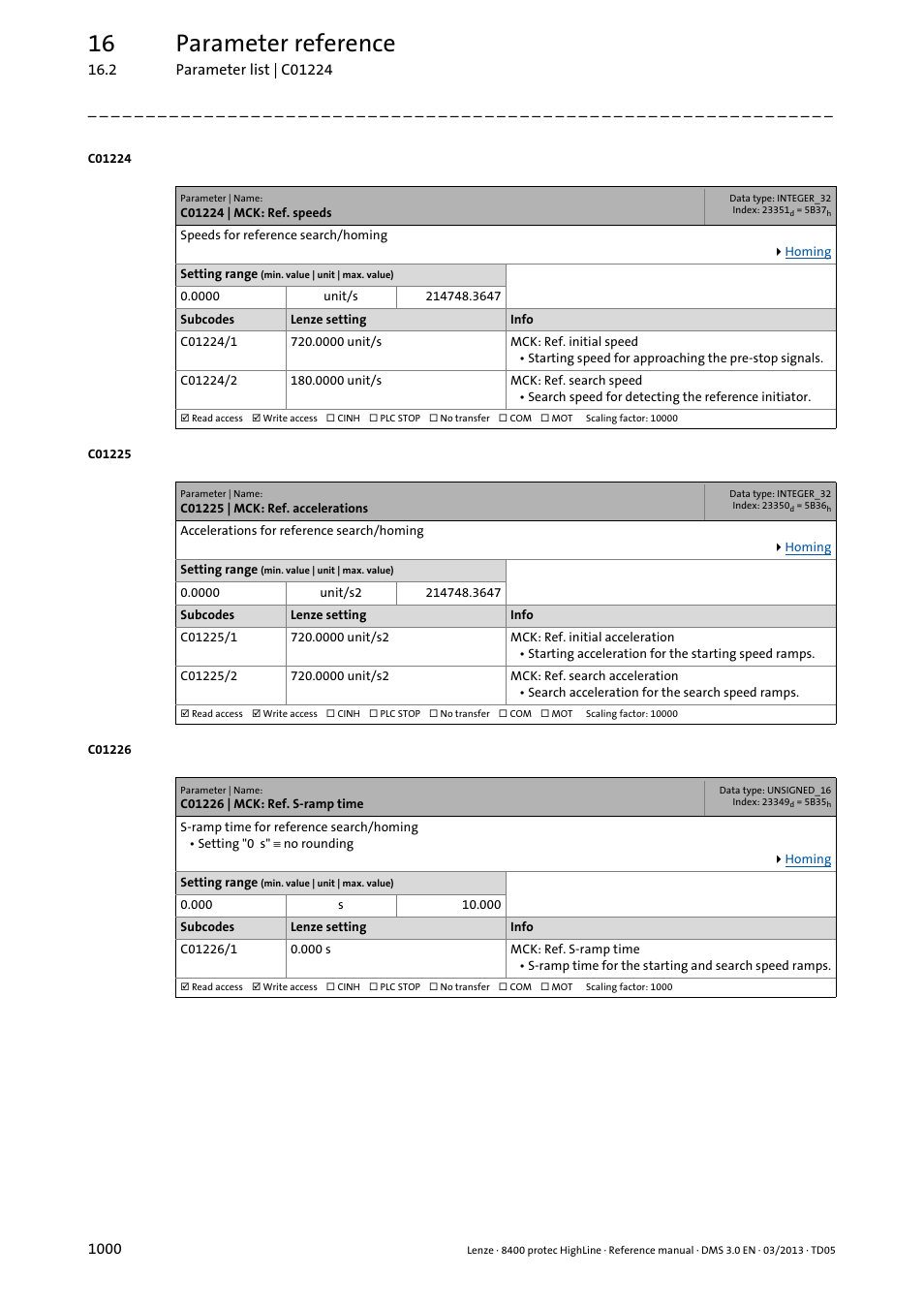 C01224 | mck: ref. speeds, C01225 | mck: ref. accelerations, C01226 | mck: ref. s-ramp time | C01226/1, C01224/1, C01225/1, C01224/2, C01225/2, 16 parameter reference | Lenze 8400 User Manual | Page 1000 / 1494