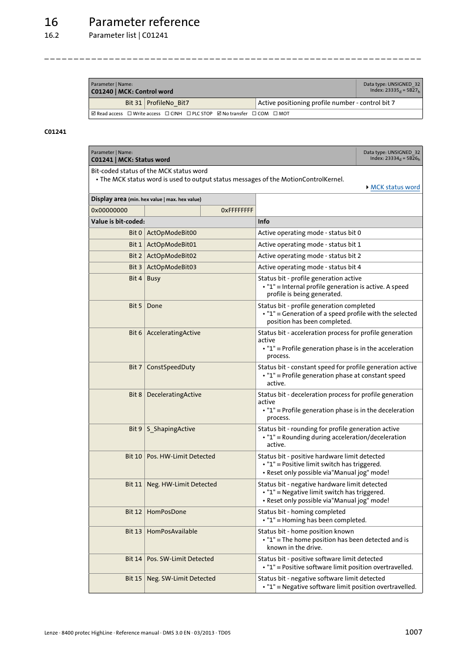 C01241 | mck: status word, C01241, 16 parameter reference | Lenze 8400 User Manual | Page 1007 / 1494