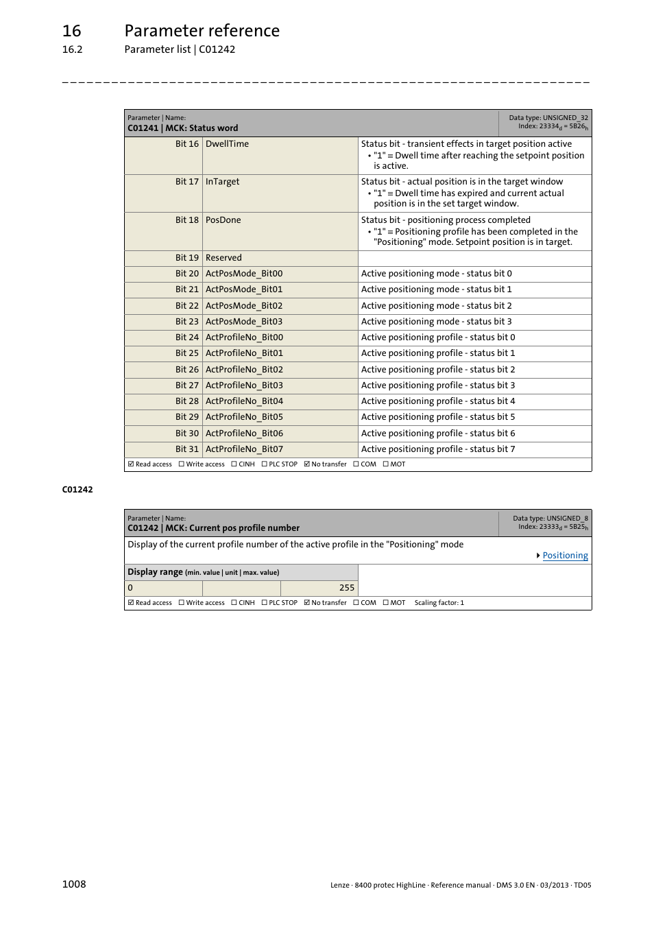 C01242 | mck: current pos profile number, C01242, 16 parameter reference | Lenze 8400 User Manual | Page 1008 / 1494