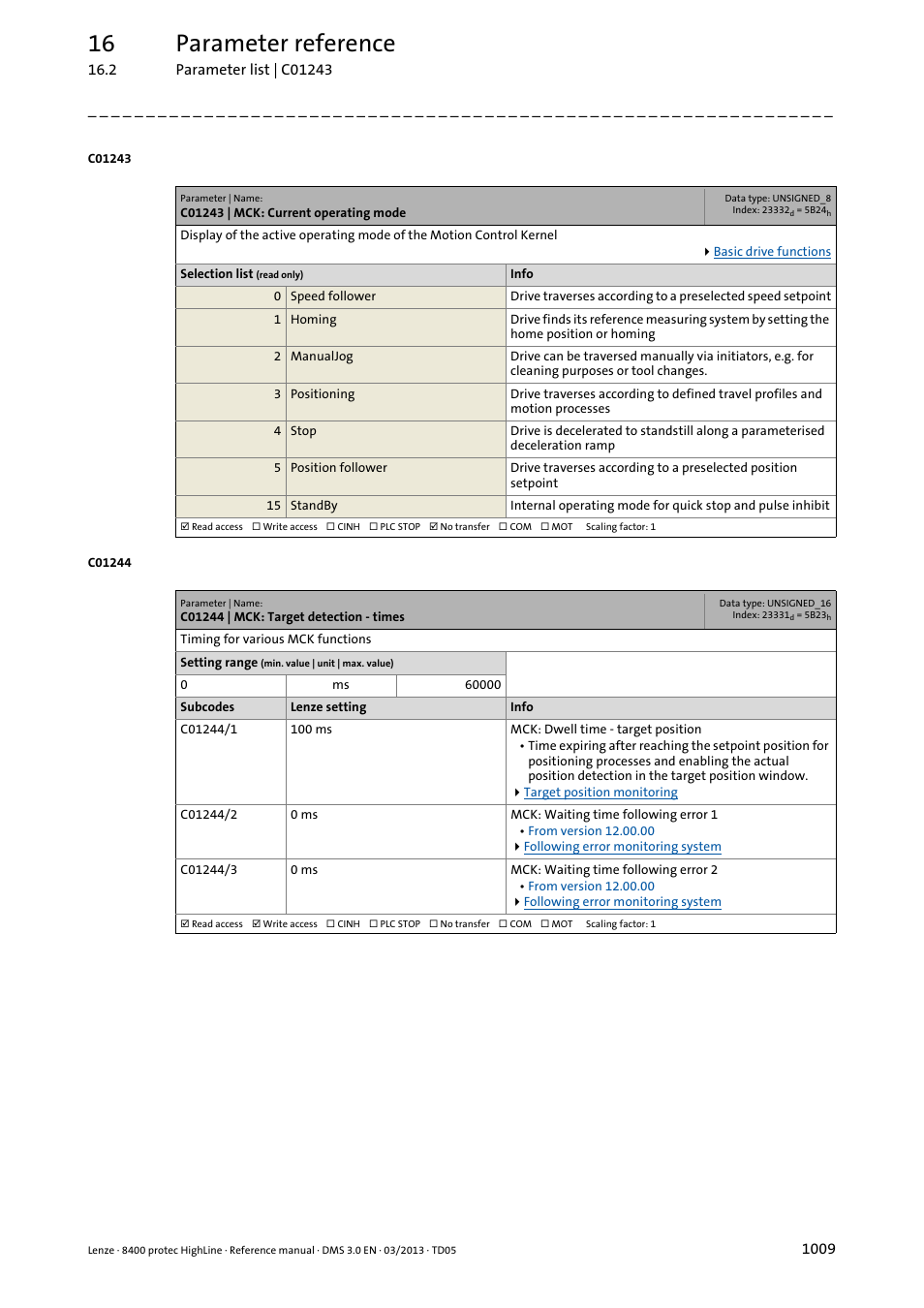 C01243 | mck: current operating mode, C01244 | mck: target detection - times, C01243 | Is displayed in, C01215/1, C01244/3, C01244/1, Time set in, C01244/2, C01244/x | Lenze 8400 User Manual | Page 1009 / 1494