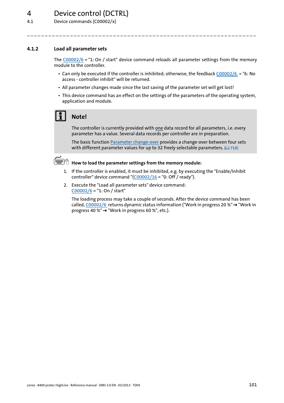 2 load all parameter sets, Load all parameter sets, 4device control (dctrl) | Lenze 8400 User Manual | Page 101 / 1494