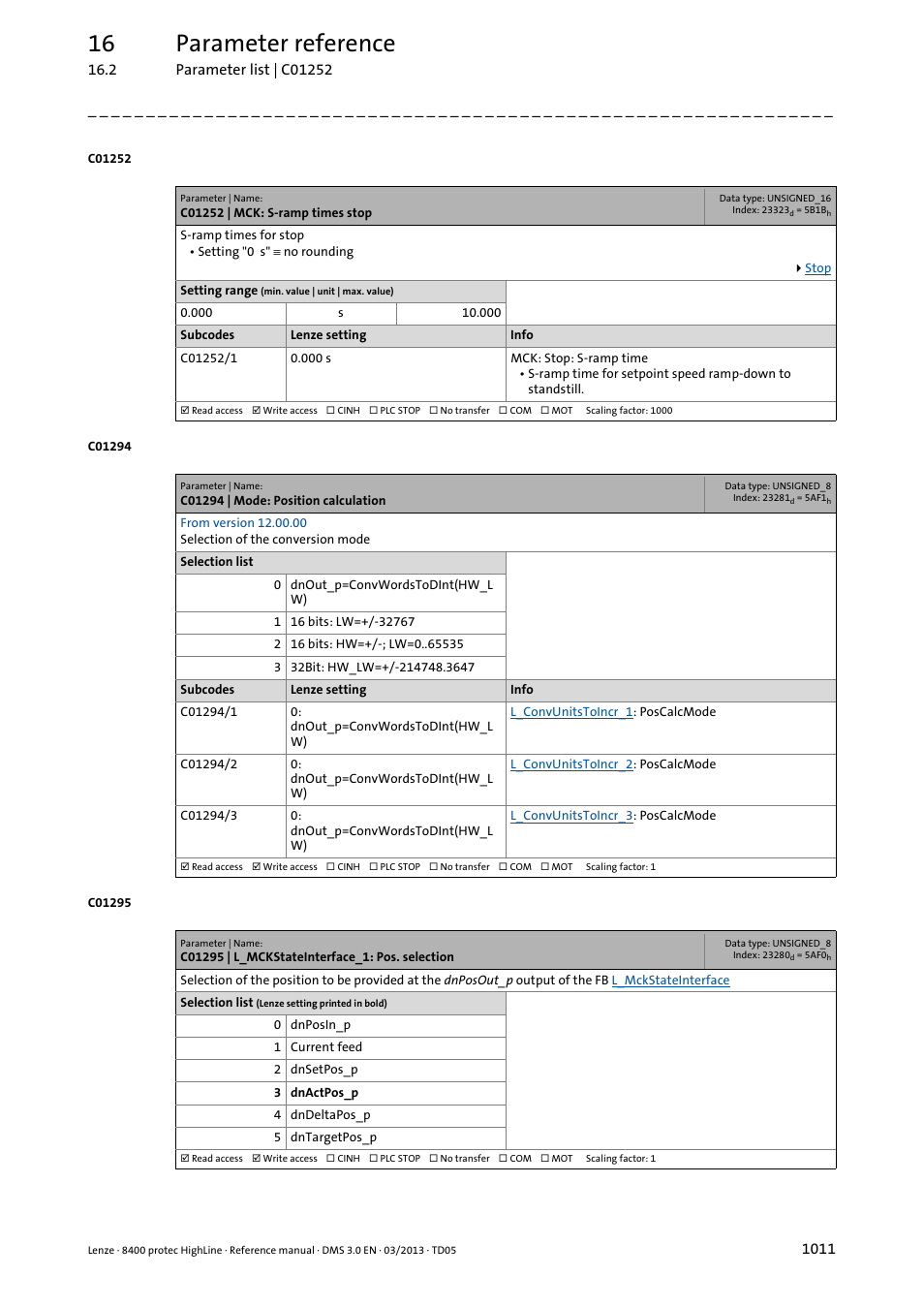 C01252 | mck: s-ramp times stop, C01294 | mode: position calculation, C01295 | l_mckstateinterface_1: pos. selection | C01295, In [units, In [increm, C01252/1, 16 parameter reference | Lenze 8400 User Manual | Page 1011 / 1494