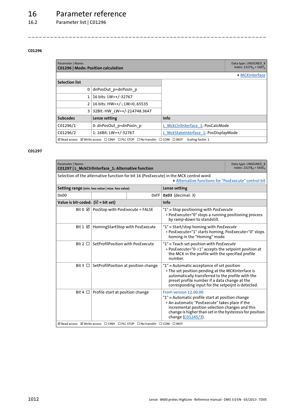 C01296 | mode: position calculation, C01297, C01296/1 | C01296/2, C01205, T in, The setpo, Is set in, 16 parameter reference | Lenze 8400 User Manual | Page 1012 / 1494