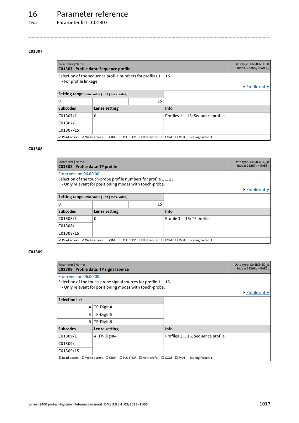 C01307 | profile data: sequence profile, C01308 | profile data: tp profile, C01309 | profile data: tp signal source | C01307/x, C01307/1, C01308/1, C01309/1, Of a pr, C01305/1, C1308/x | Lenze 8400 User Manual | Page 1017 / 1494