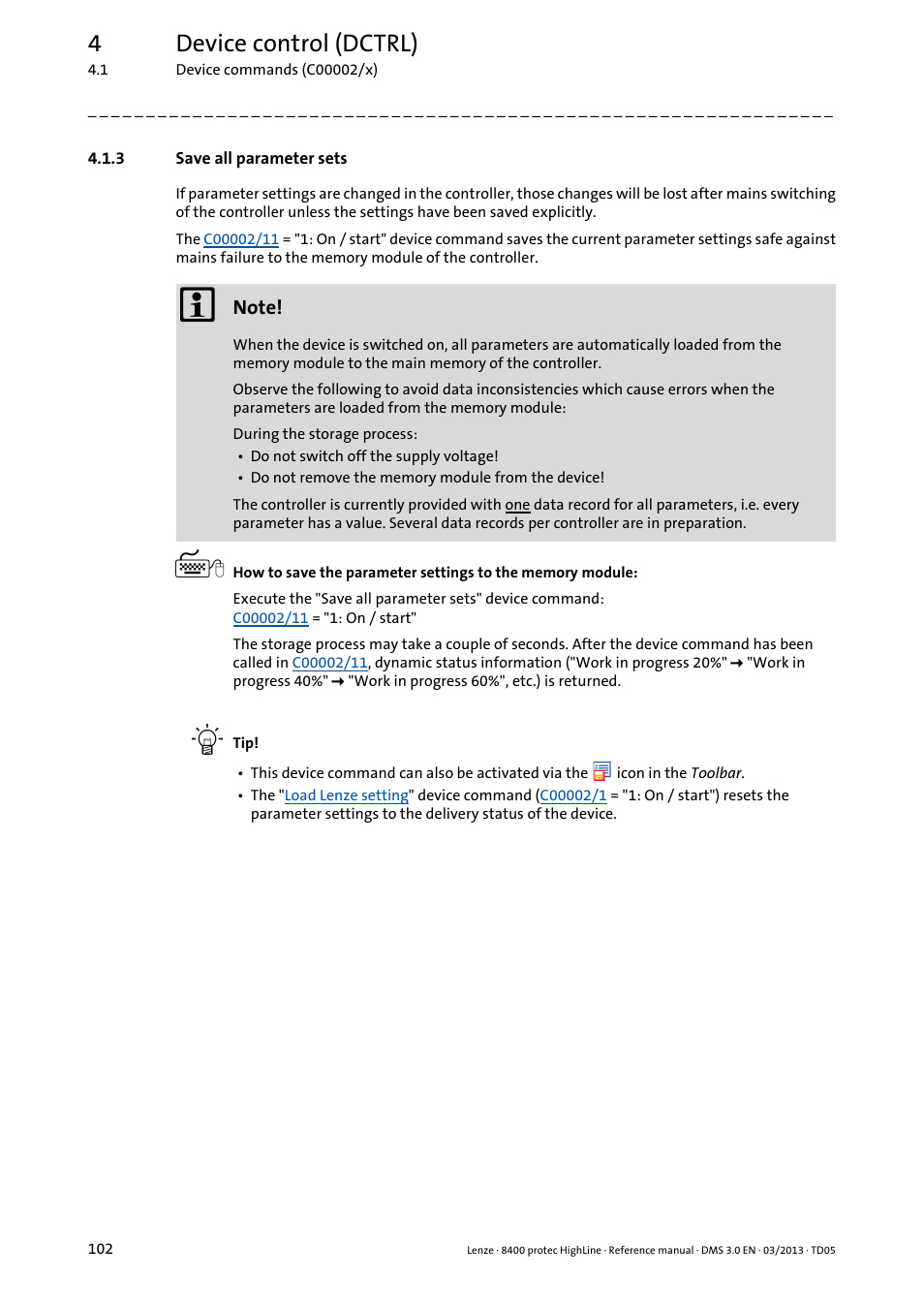 3 save all parameter sets, Save all parameter sets, 4device control (dctrl) | Lenze 8400 User Manual | Page 102 / 1494