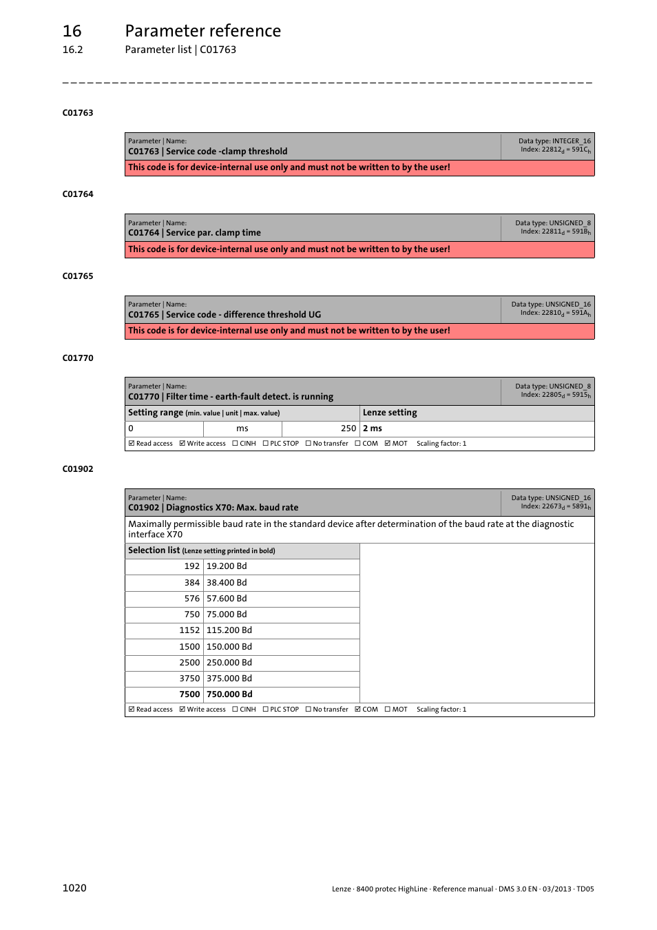 C01902 | diagnostics x70: max. baud rate, C01770, 16 parameter reference | Lenze 8400 User Manual | Page 1020 / 1494