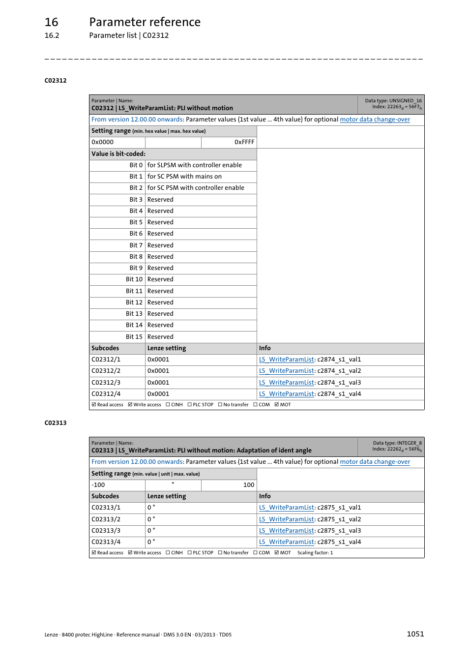 C02312 | ls_writeparamlist: pli without motion, C02312/1, C02312/2 | C02312/3, C02312/4, C02313/1, C02313/2, C02313/3, C02313/4, 16 parameter reference | Lenze 8400 User Manual | Page 1051 / 1494