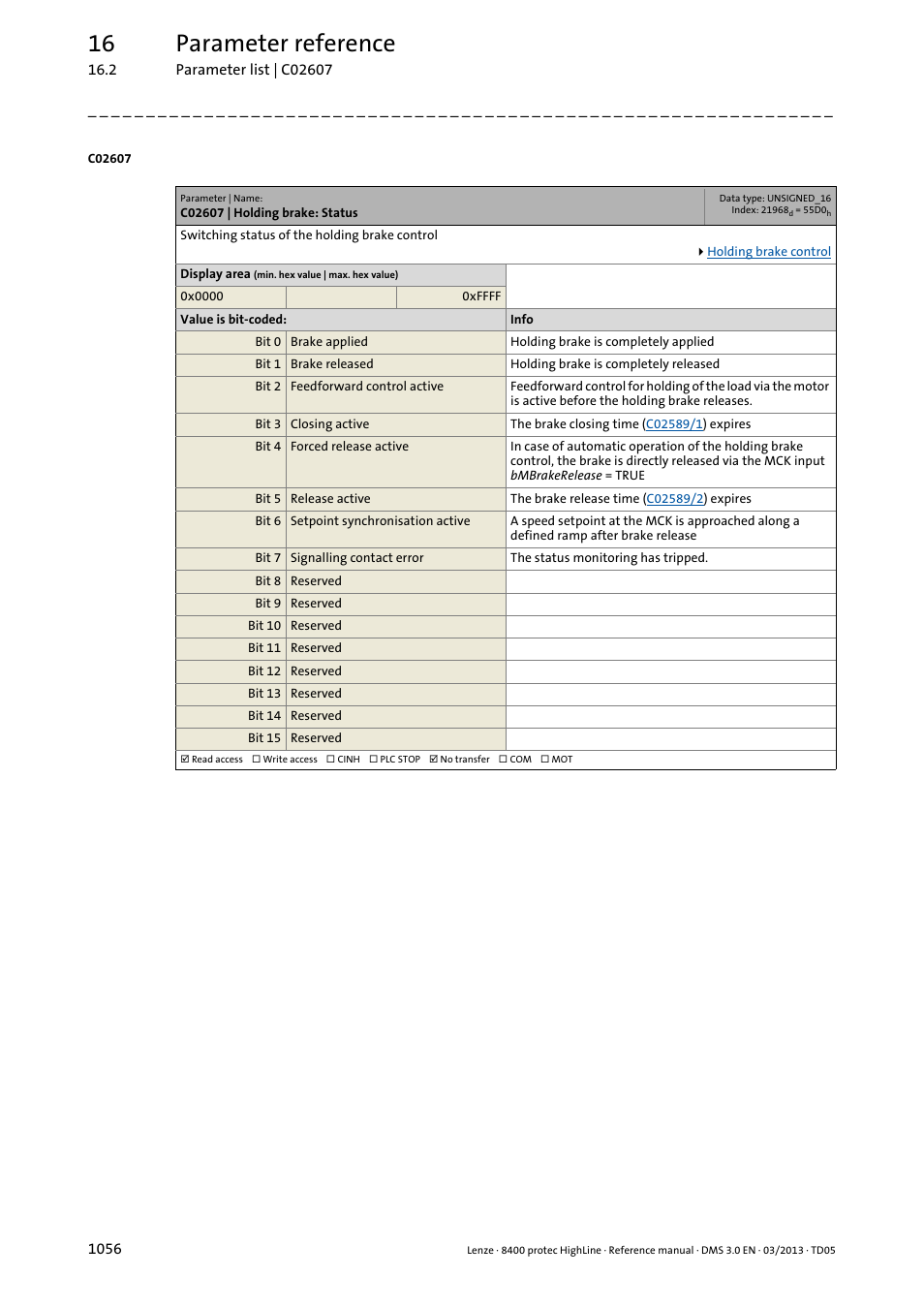 C02607 | holding brake: status, C02607, 16 parameter reference | Lenze 8400 User Manual | Page 1056 / 1494