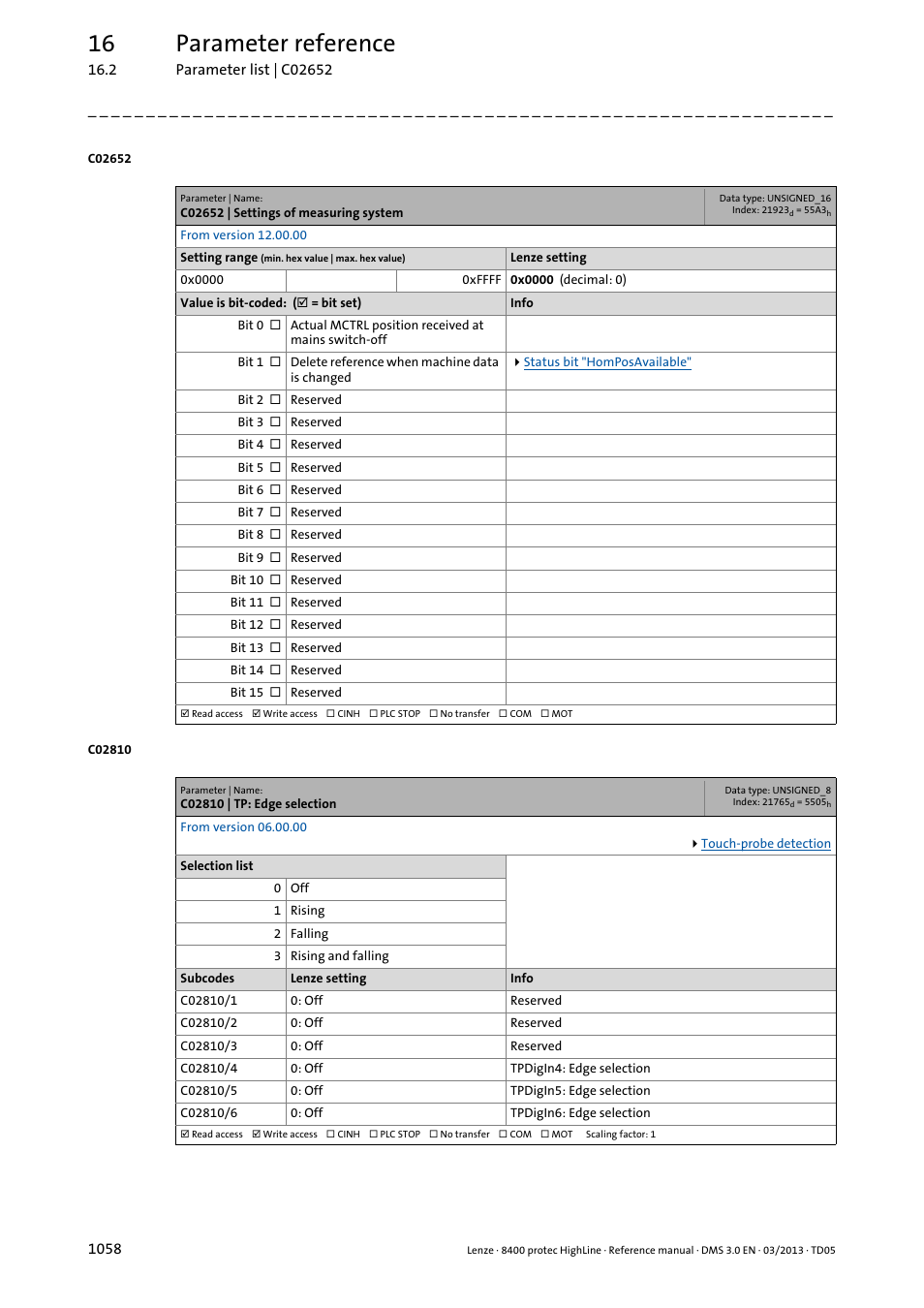 C02652 | settings of measuring system, C02810 | tp: edge selection, C02810/4 | C2652, C02810/x, Tting of, Go to, And se, 16 parameter reference | Lenze 8400 User Manual | Page 1058 / 1494