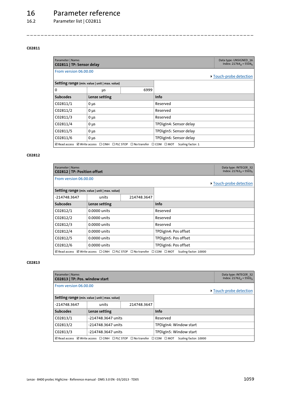 C02811 | tp: sensor delay, C02812 | tp: position offset, C02813 | tp: pos. window start | C02811/4, C02812/4, C02813/2, C02813/x, Acceptance window" must be set in, C2813/x, 16 parameter reference | Lenze 8400 User Manual | Page 1059 / 1494