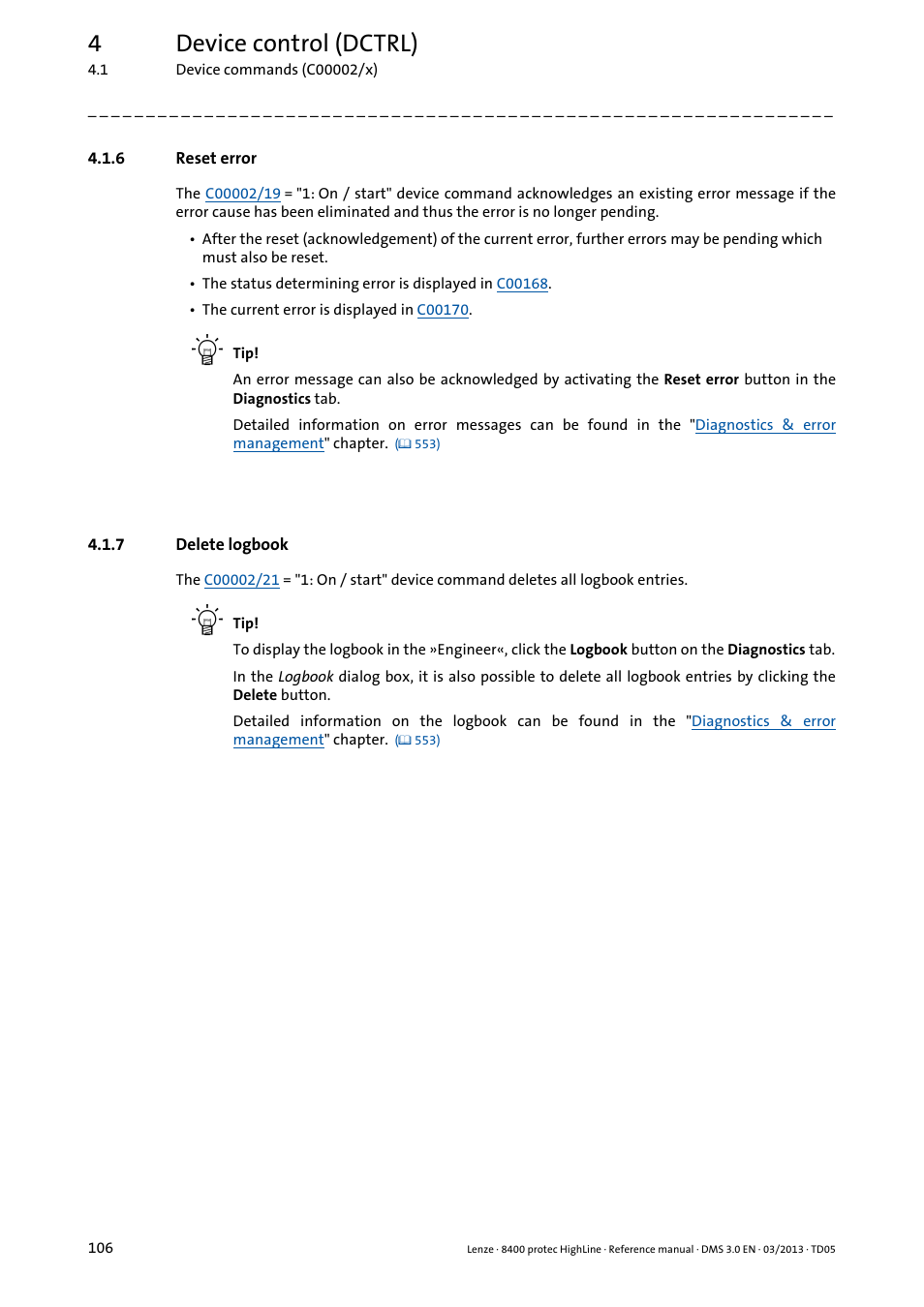 6 reset error, 7 delete logbook, Reset error | Delete logbook, 4device control (dctrl) | Lenze 8400 User Manual | Page 106 / 1494