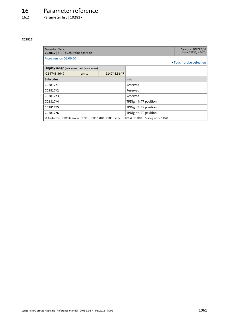 C02817 | tp: touchprobe position, Position, C02817/x | C02817/4, 16 parameter reference | Lenze 8400 User Manual | Page 1061 / 1494