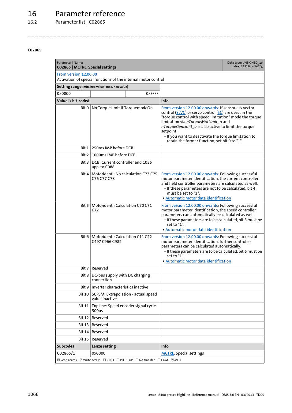 C02865 | mctrl: special settings, C02865/1, Bit 6 of | Has no effect on the, Must be set, C2865/1, C02865, 16 parameter reference | Lenze 8400 User Manual | Page 1066 / 1494