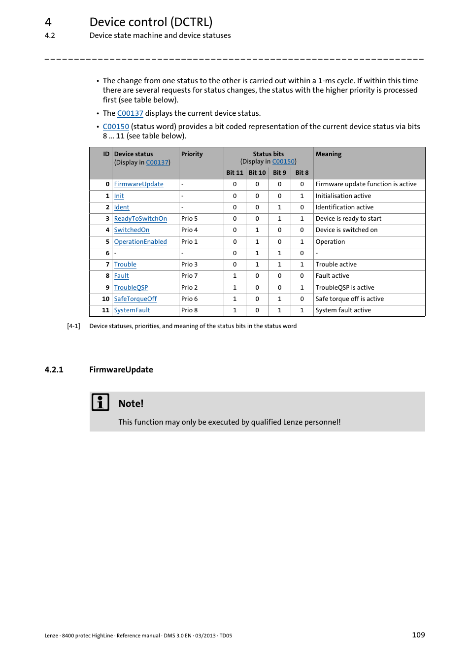 1 firmwareupdate, Firmwareupdate, 4device control (dctrl) | Lenze 8400 User Manual | Page 109 / 1494