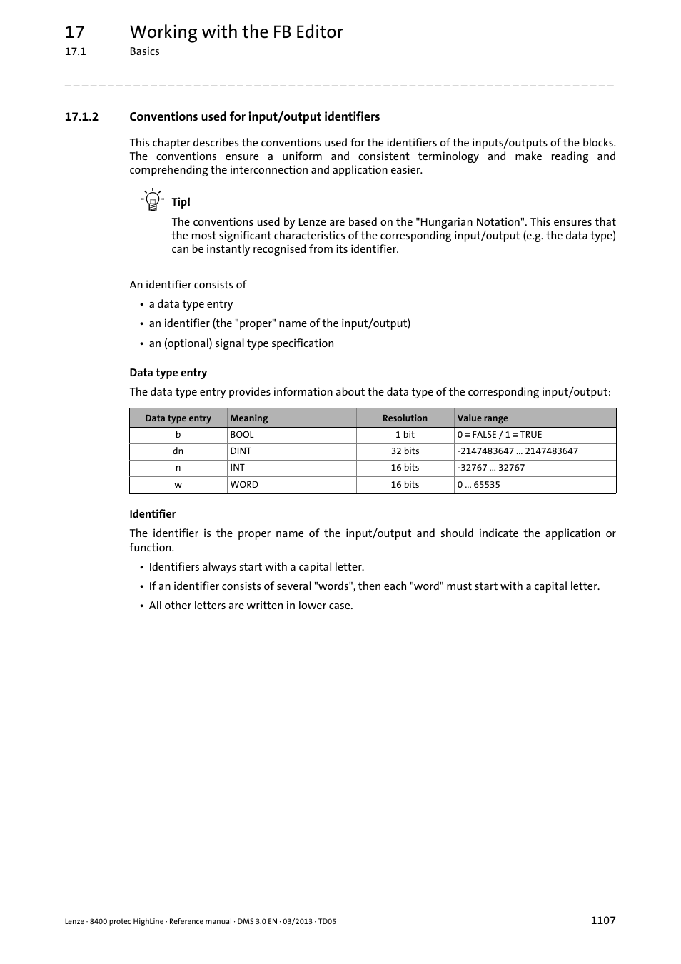 2 conventions used for input/output identifiers, Conventions used for input/output identifiers 7, 17 working with the fb editor | Lenze 8400 User Manual | Page 1107 / 1494