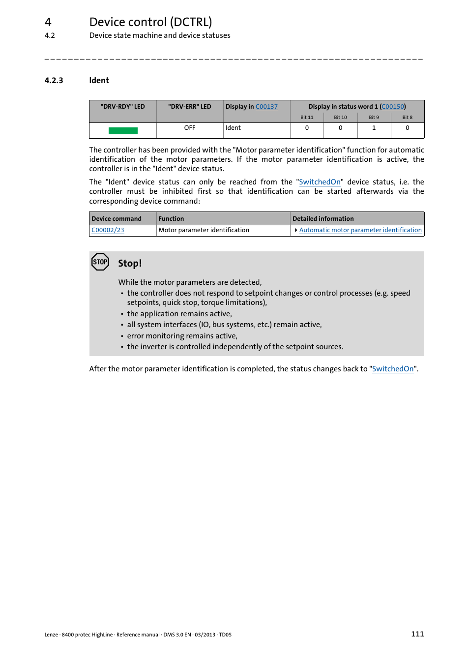 3 ident, Ident, 4device control (dctrl) | Stop | Lenze 8400 User Manual | Page 111 / 1494