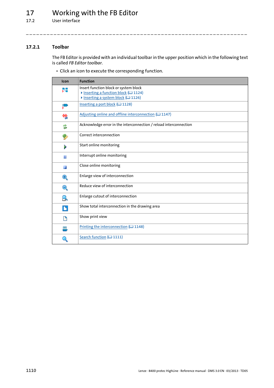 1 toolbar, Toolbar 0, Toolbar | 17 working with the fb editor | Lenze 8400 User Manual | Page 1110 / 1494