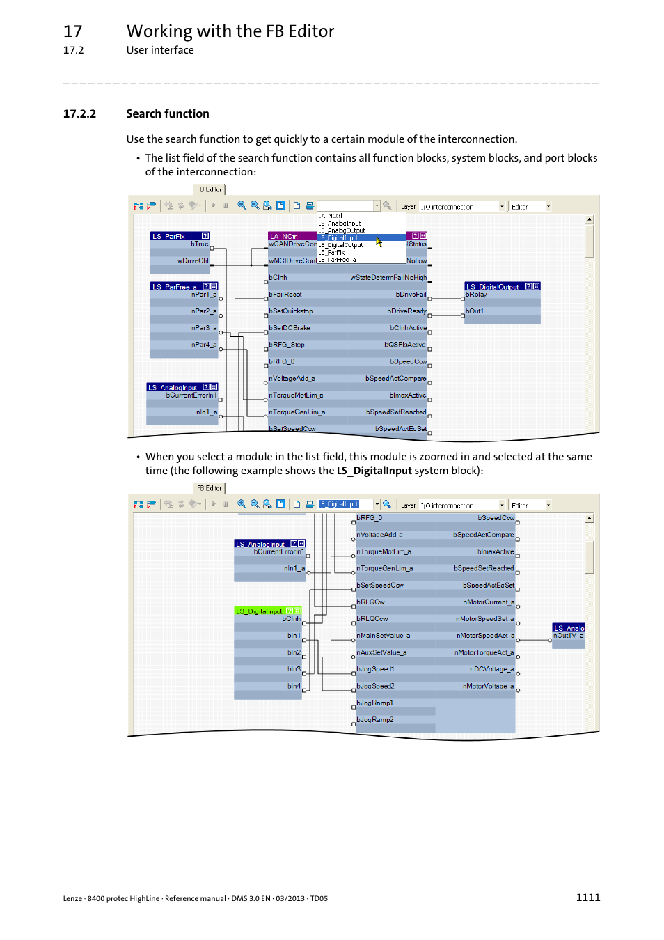 2 search function, Search function 1, Search function | Search function ( 1111), 17 working with the fb editor | Lenze 8400 User Manual | Page 1111 / 1494
